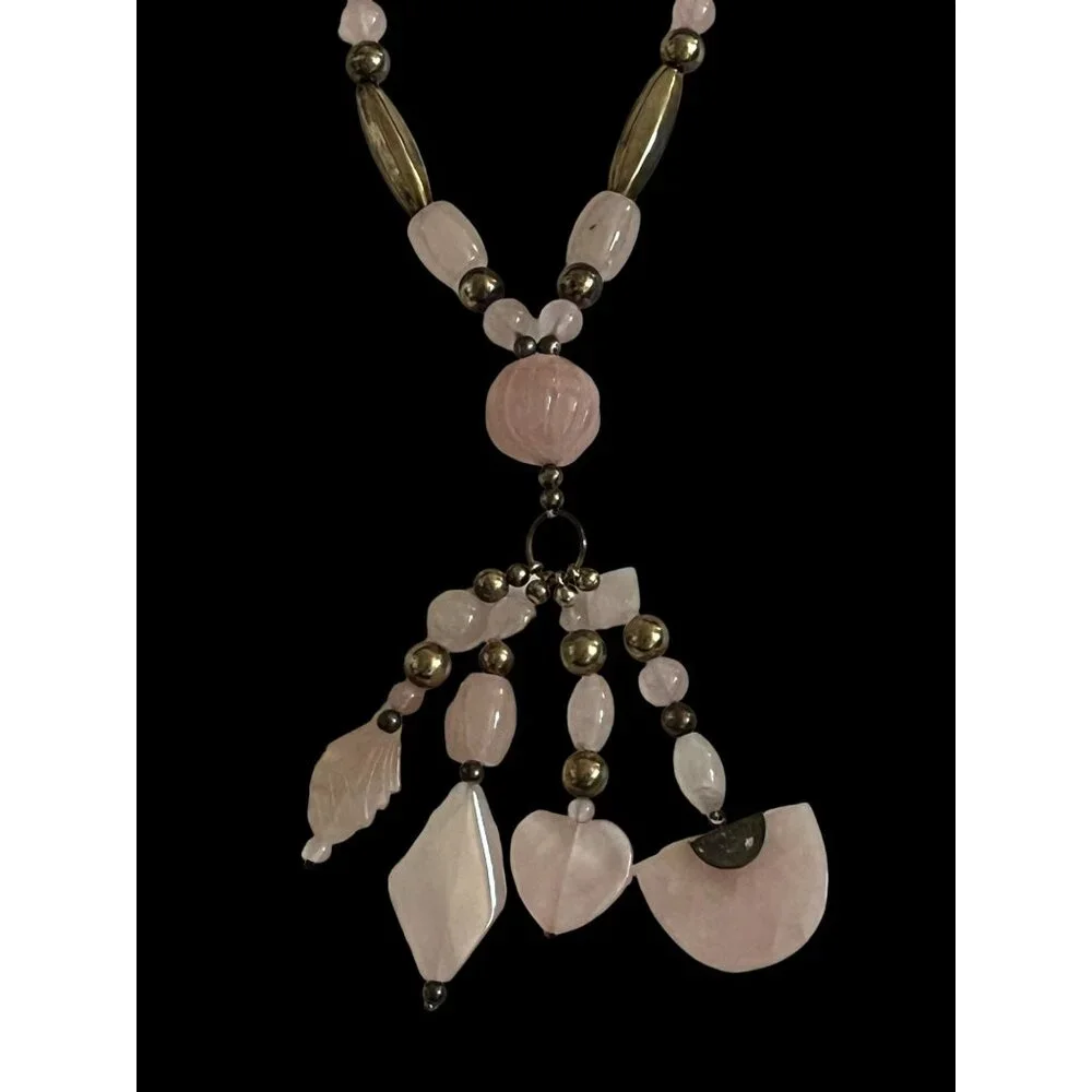 Vintage Rose Quartz Beaded Necklace w/Charms & Silver Accent Beads - Picture 12 of 16